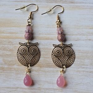 Owl Earrings Gold Drop Dangle With Dusty Pink Accents, Czech Glass Beads , NEW